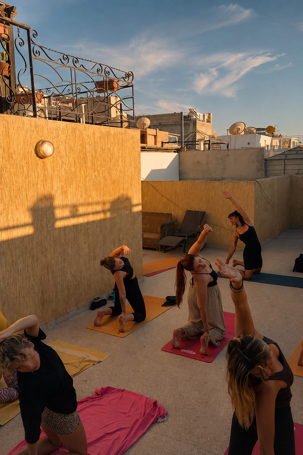 Rooftop yoga session at sunset